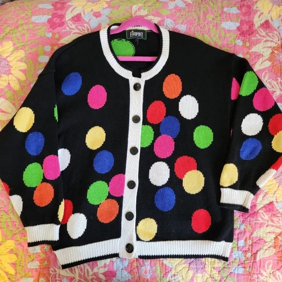 Vintage 💯 cotton Polka Dot Sweater Cardigan  80s 90s 1990s Cabincore Preppy - Picture 9 of 9